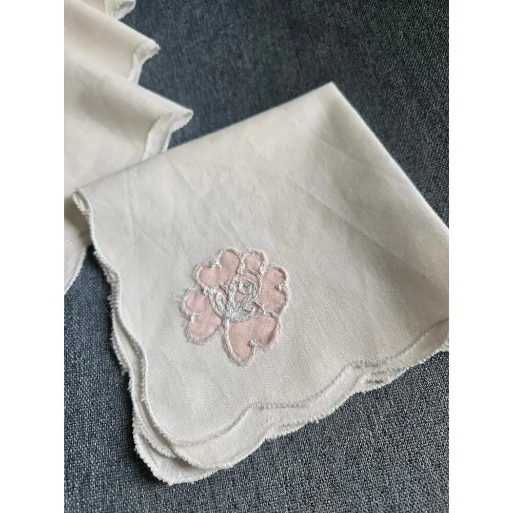 Set of 4 Vintage Hand Embroidered Napkins Handkerchiefs White Pink Floral